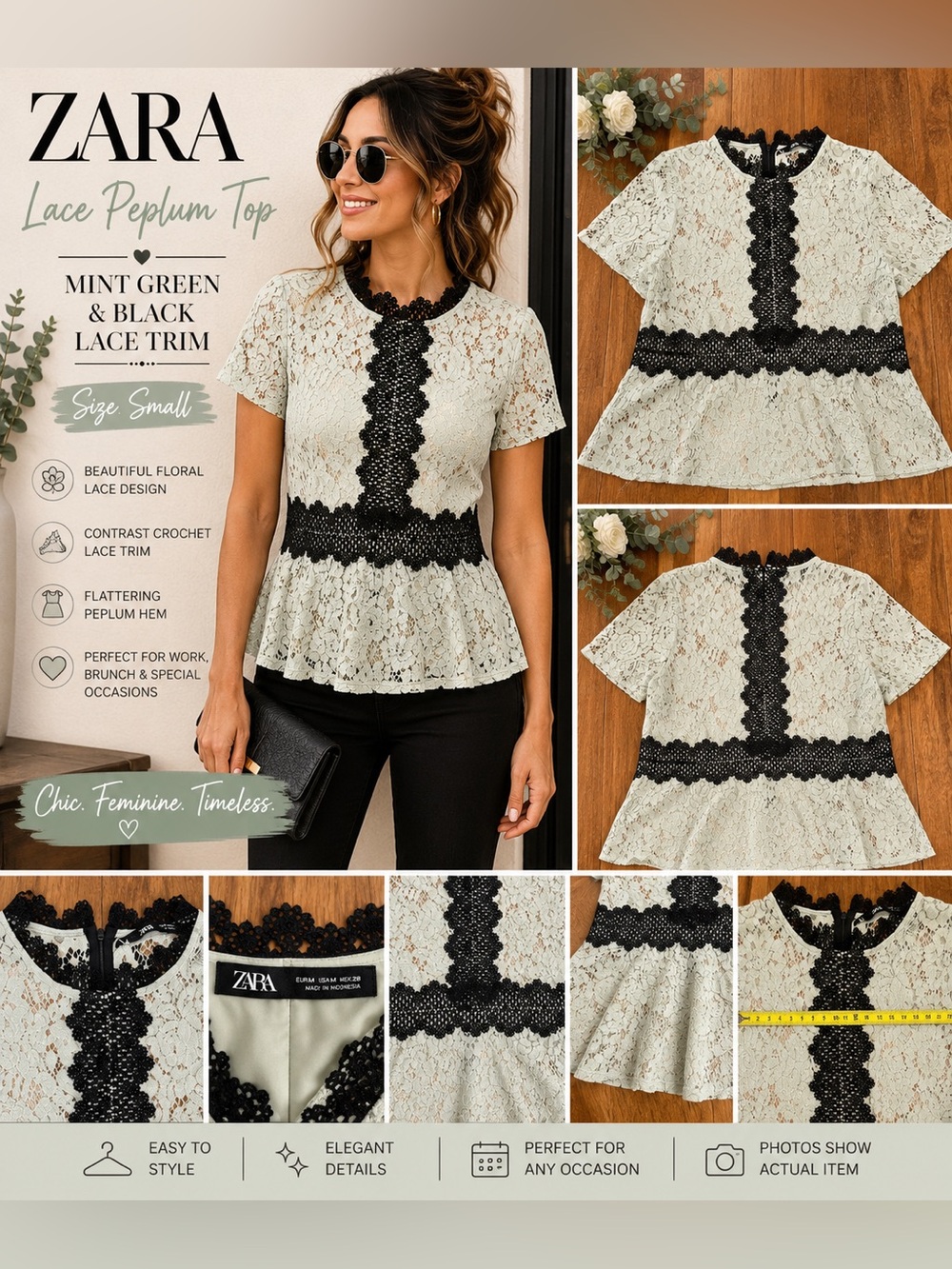 Zara Mint Green Lace Peplum Top with Black Crochet Trim –Size Medium Cottagecore